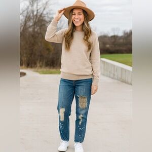 Distressed Boutique Blue Jeans with Leopard Patch